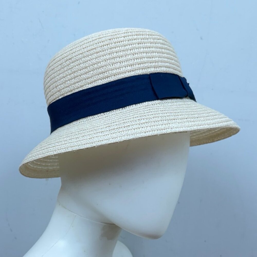 Vintage Girls Hat White Straw Fedora Navy Ribbon Spring Summer 20 " Size 6 3/8